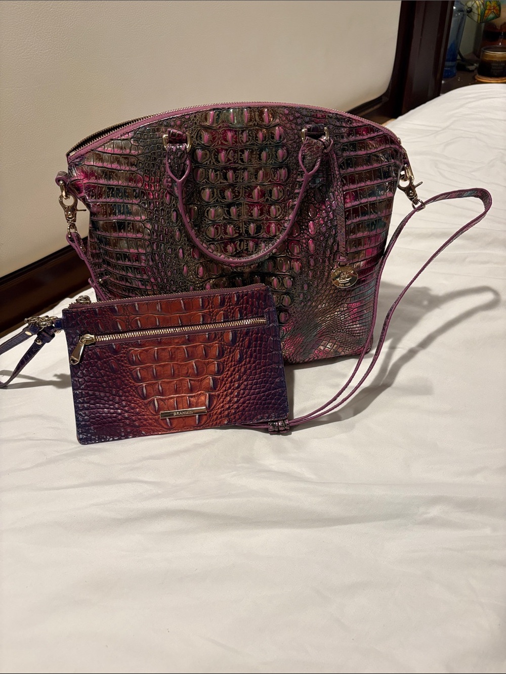 Brahmin Pink Purple Ombre Croc-Embossed Tote with Matching Wristlet